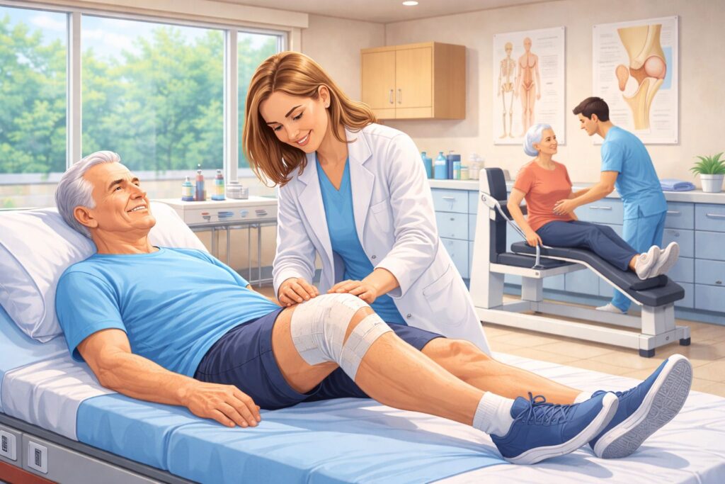 Total knee replacement rehabilitation session with physiotherapist guiding mobility training in Gurgaon clinic.
