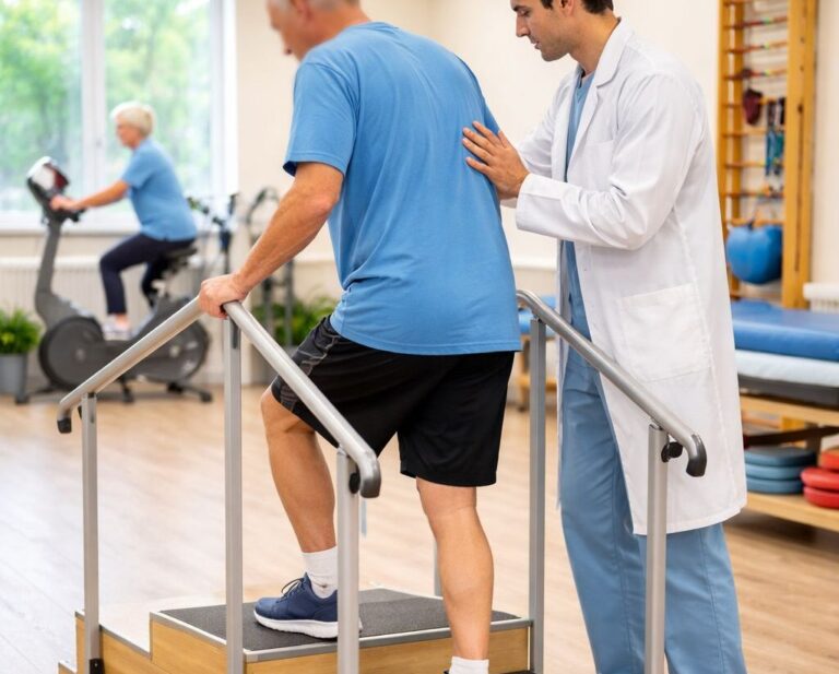 Total hip replacement physiotherapy with stair practice and balance training under expert supervision.