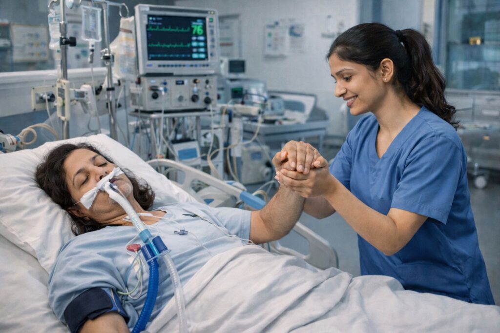 Female stroke patient receiving stroke physiotherapy in Gurgaon ICU