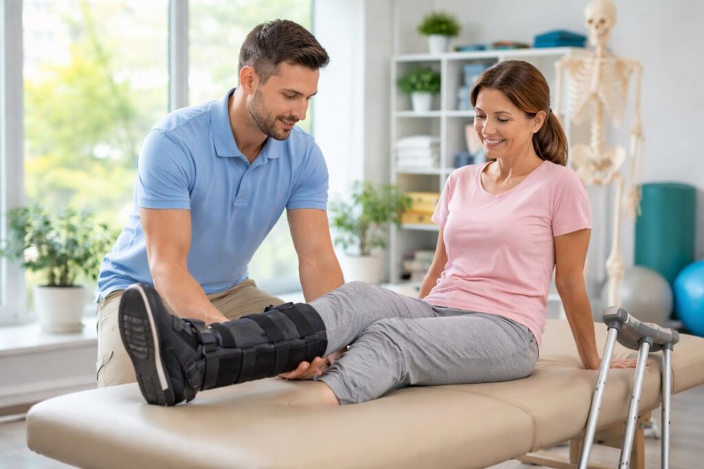 Post fracture rehabilitation physiotherapy session with elderly patient using walker at home in Gurgaon