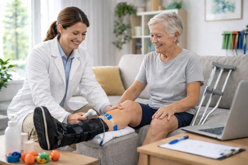 Home physiotherapy treatment after leg fracture with physiotherapist assisting elderly woman in Gurgaon