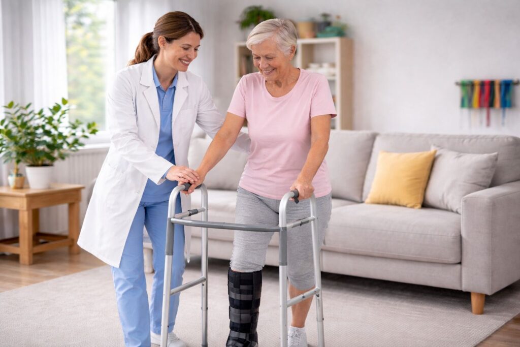 Female physiotherapist helping elderly patient walk with walker during post fracture physiotherapy in Gurgaon