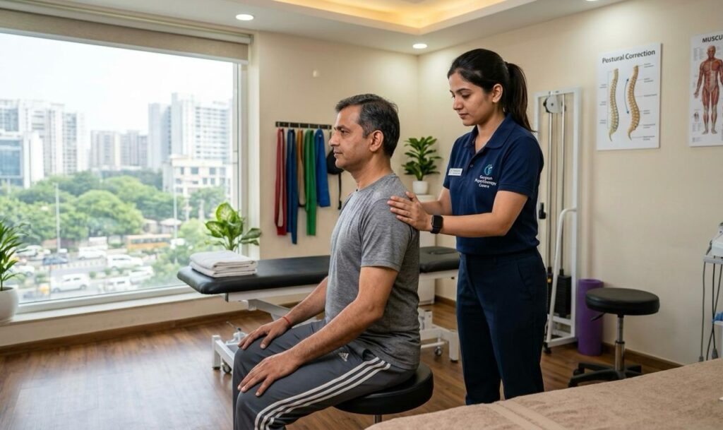 physiotherapist treating back pain patient in Gurgaon clinic